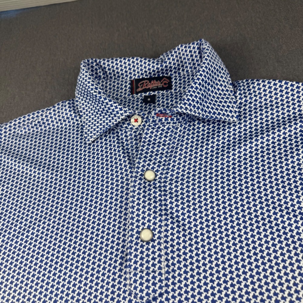Rafter C Mens Blue White Geometric Pearl Snap Polo Shirt Small Short Sleeve